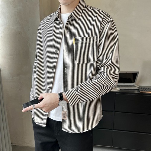 Spring and Autumn Simple and Versatile Personality Men's Fashion Lazy New Trend Cool Bad Boy Versatile Striped Men's Long-Sleeve Shirt