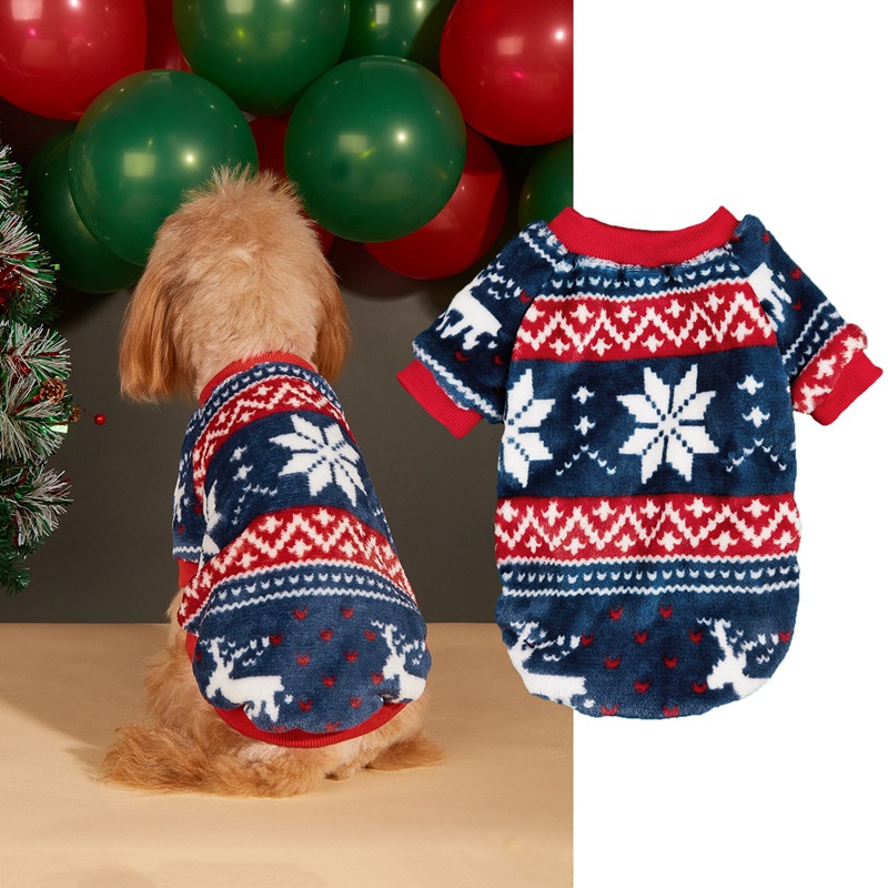 Christmas pet clothes three-dimensional Christmas set pullover round neck Christmas tree snowman snow pattern pet dog two-foot cashmere coat_voghion.com