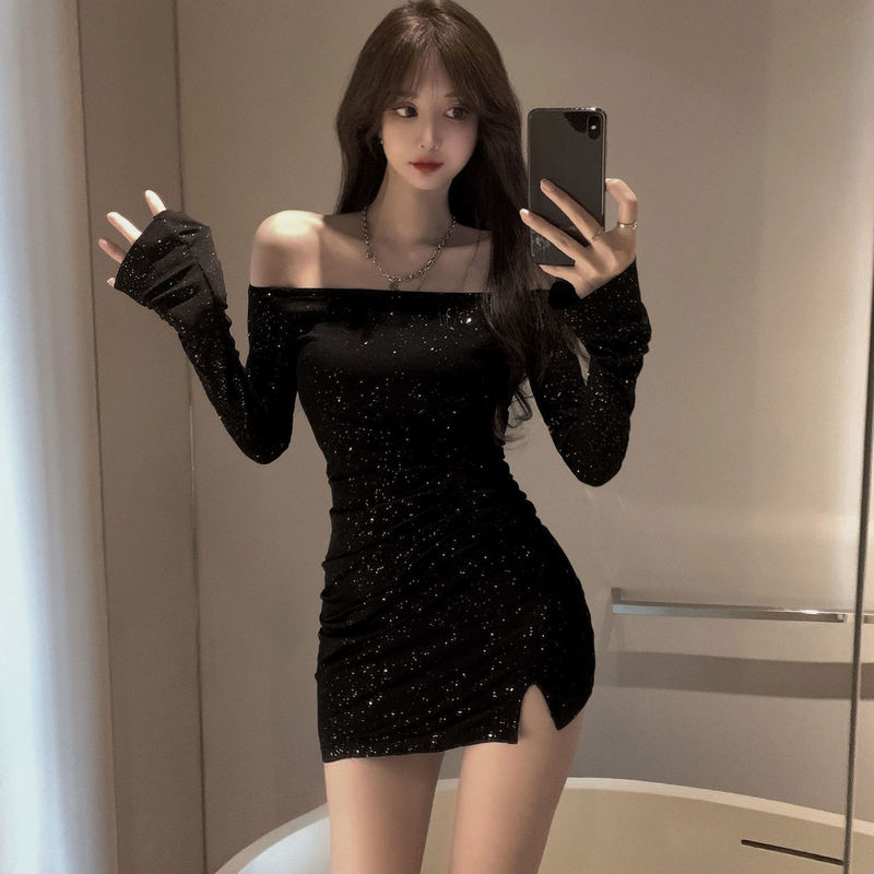 Pure Desire Internet Celebrity Sexy Hot Girl One-Line Neckline Sparkling Tight Hip-Hugging Little Black Dress Long Sleeve Slit Pleated Dress for Women