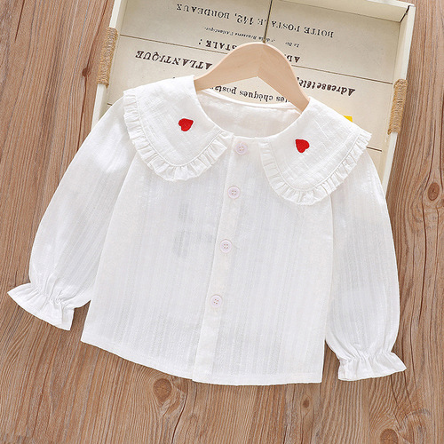 Girls' shirts 2024 new long-sleeved spring and autumn pure cotton lapel lace Korean style tops girls fashionable children's clothing
