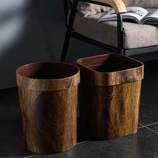 New Chinese retro imitation wood grain trash can home creative living room kitchen bathroom paper basket Plastic Pressure Ring large