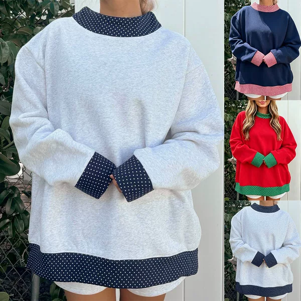 2026 Autumn New Cross-Border European and American Tk Women's Loose Round Neck Color-Block Polka Dot Long Sleeve Loose Christmas Sweatshirt