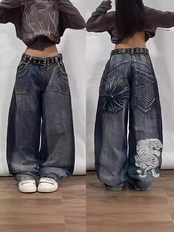 American Retro Hiphop New Spring Hip-Hop Fashion Brand Straight Jeans Loose Wide Leg Cropped Pants Casual
