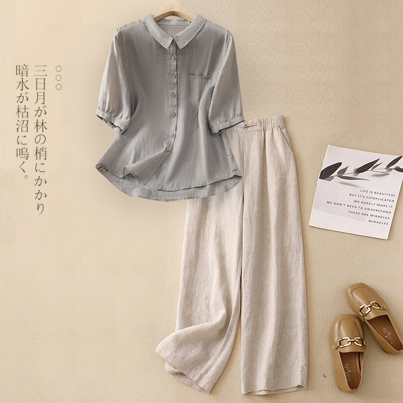 中年女性・お母さん向けの大きいサイズの夏服、カジュアルな綿麻スーツ、おしゃれな高級アシル麻シャツ、お腹カバー2点セット|undefined