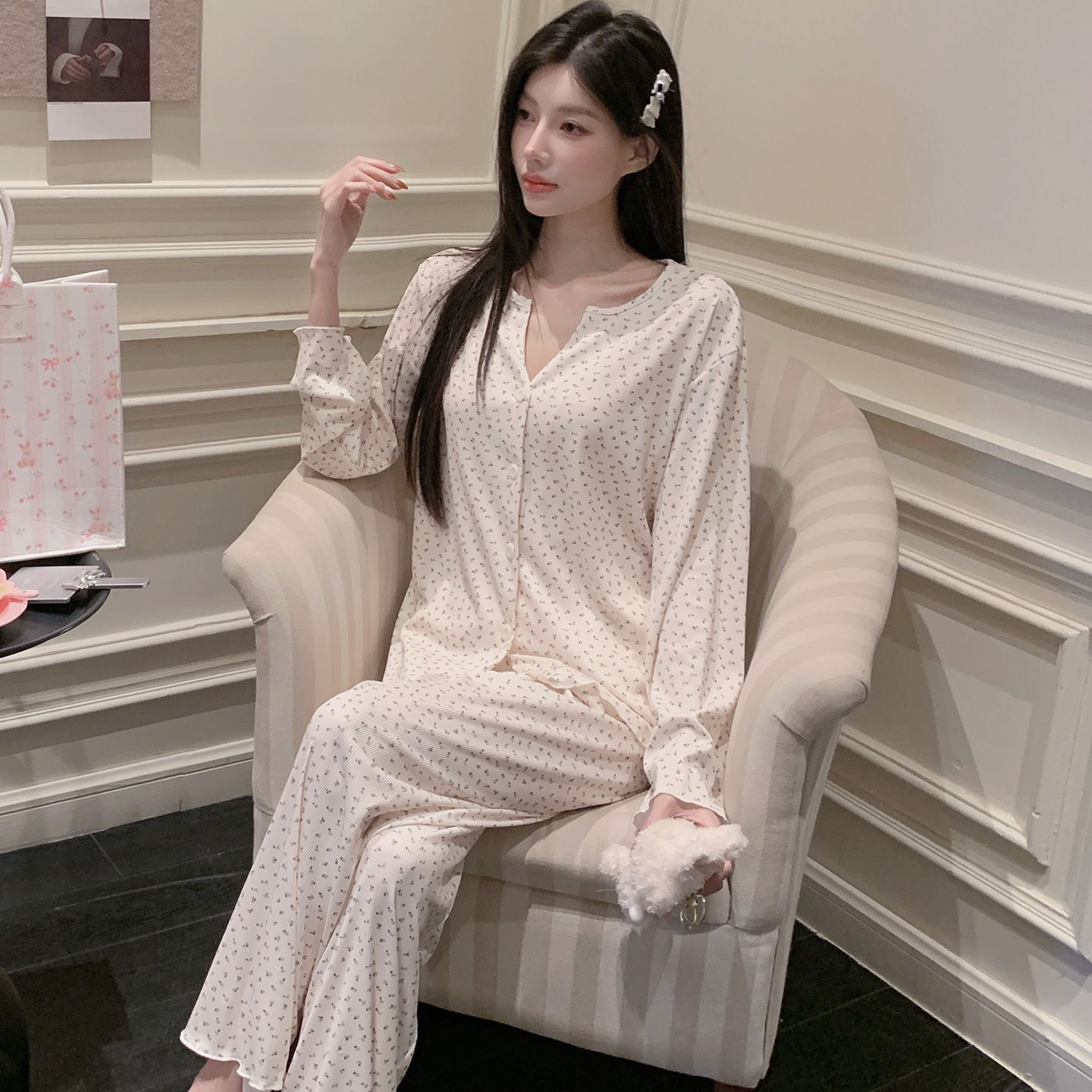 Pijamas de tela de hilo de hielo al por mayor transfronterizo 2026 primavera y verano nuevos pantalones de mangas largas cardigan set de ropa para el hogar