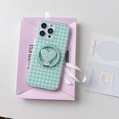 适用iPhone16promax卡通涂鸦支点壳苹果17撞色格子纹爱心折叠支架