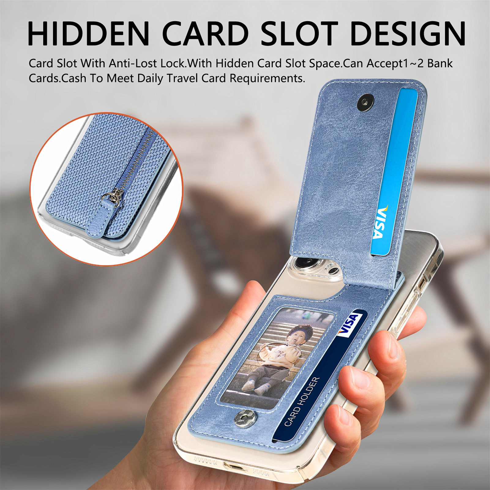 Multifunctional 3M Back-Adhesive Card Holder Wallet with Flip-Up Design, Card Slot, Coin Holder, PU Wallet with Zipper Closure, Gift Mobile Phone Card Holder