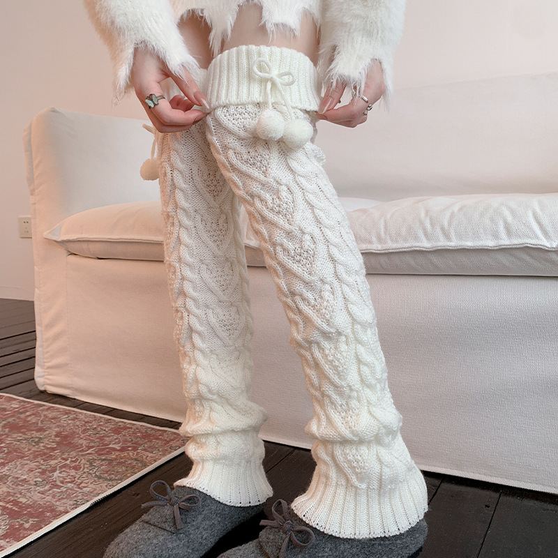 Scaldamuscoli Calzini di cotone e lana per donna, lavorati a maglia, caldi e spessi, leggings con palline di pelo carine, stile giapponese, lunghi sopra il ginocchio_voghion.com