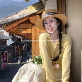 初秋穿搭一整套大码胖黄色针织开衫蕾丝半身裙云南旅游绝美套装