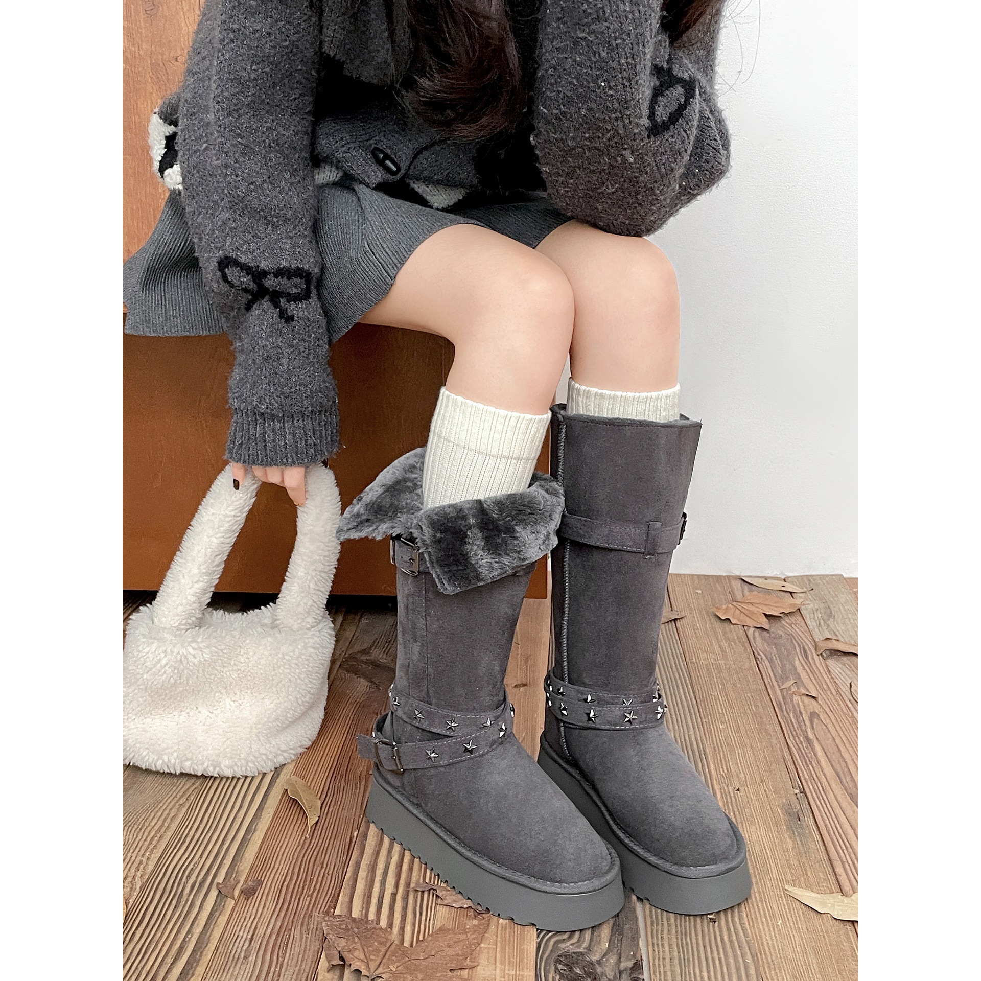 Gray velvet thickened anti-slip thick-soled long snow boots for…