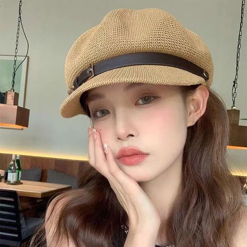 2024 new style hollow octagonal hat for women, versatile sun protection straw hat for summer travel, Japanese style British duck tongue beret