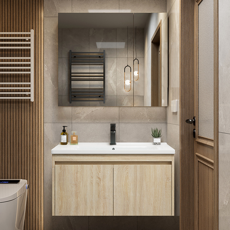 Color de madera cuenca de cerámica integrada esquina redondeada combinación de gabinete de baño lavabo de lavado de manos lavabo de baño piscina