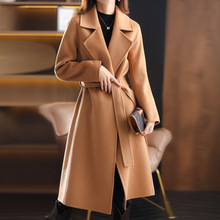 2021年冬季新款雙面羊毛大衣修身長款女高端雙排扣系帶羊毛呢外套