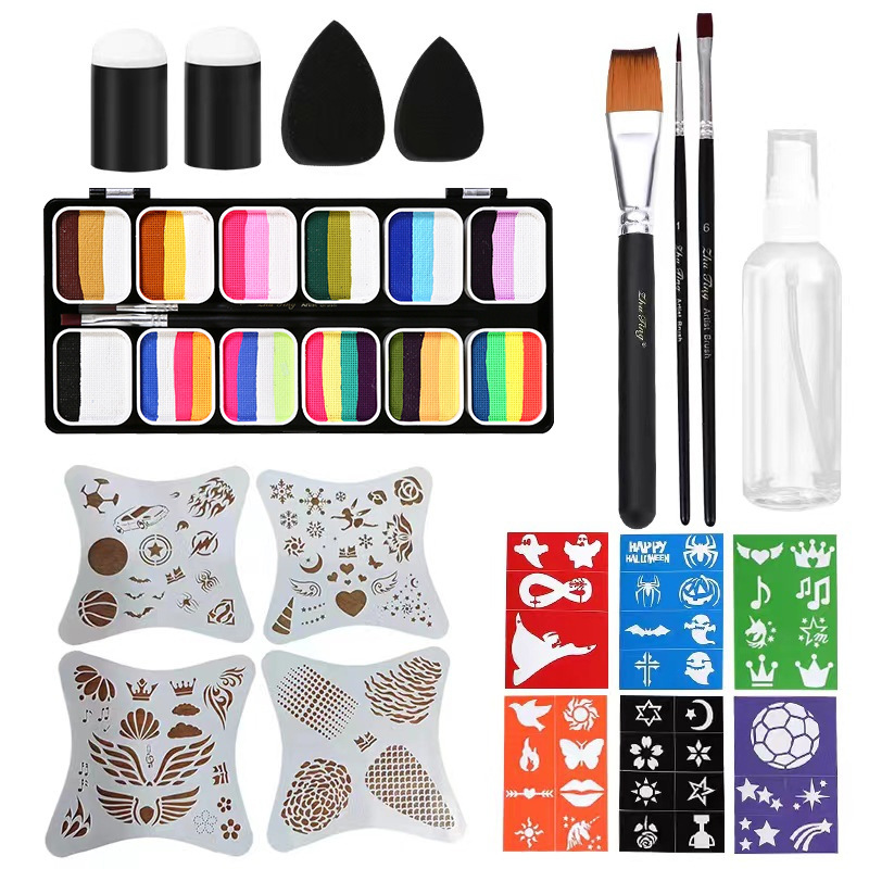 3012F-12 그리드 페인팅 + 검정색 넓은 펜 1개 + 대형 정사각형 템플릿 4개 + 컬러 스티커 6개 + 물뿌리개 1개 손가락 스펀지 2개 + 크고 작은 물방울 각 1개