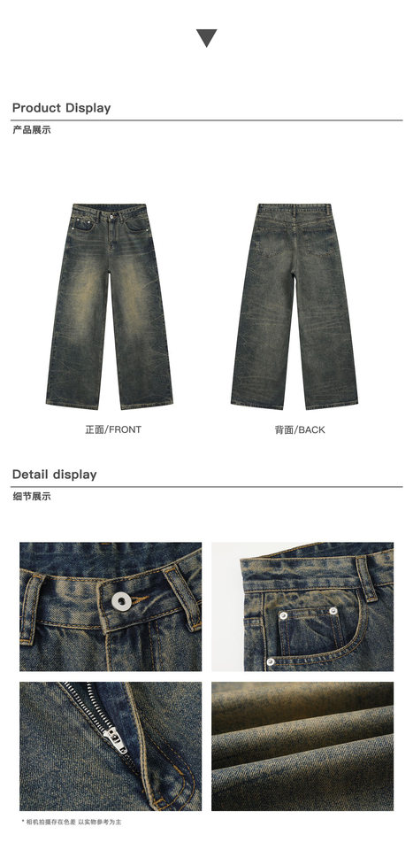 Quần jeans nam dáng rộng ống suông phong cách retro Mỹ, râu mèo xanh, giặt mài làm cũ — Xanh cổ điển chi tiết 4