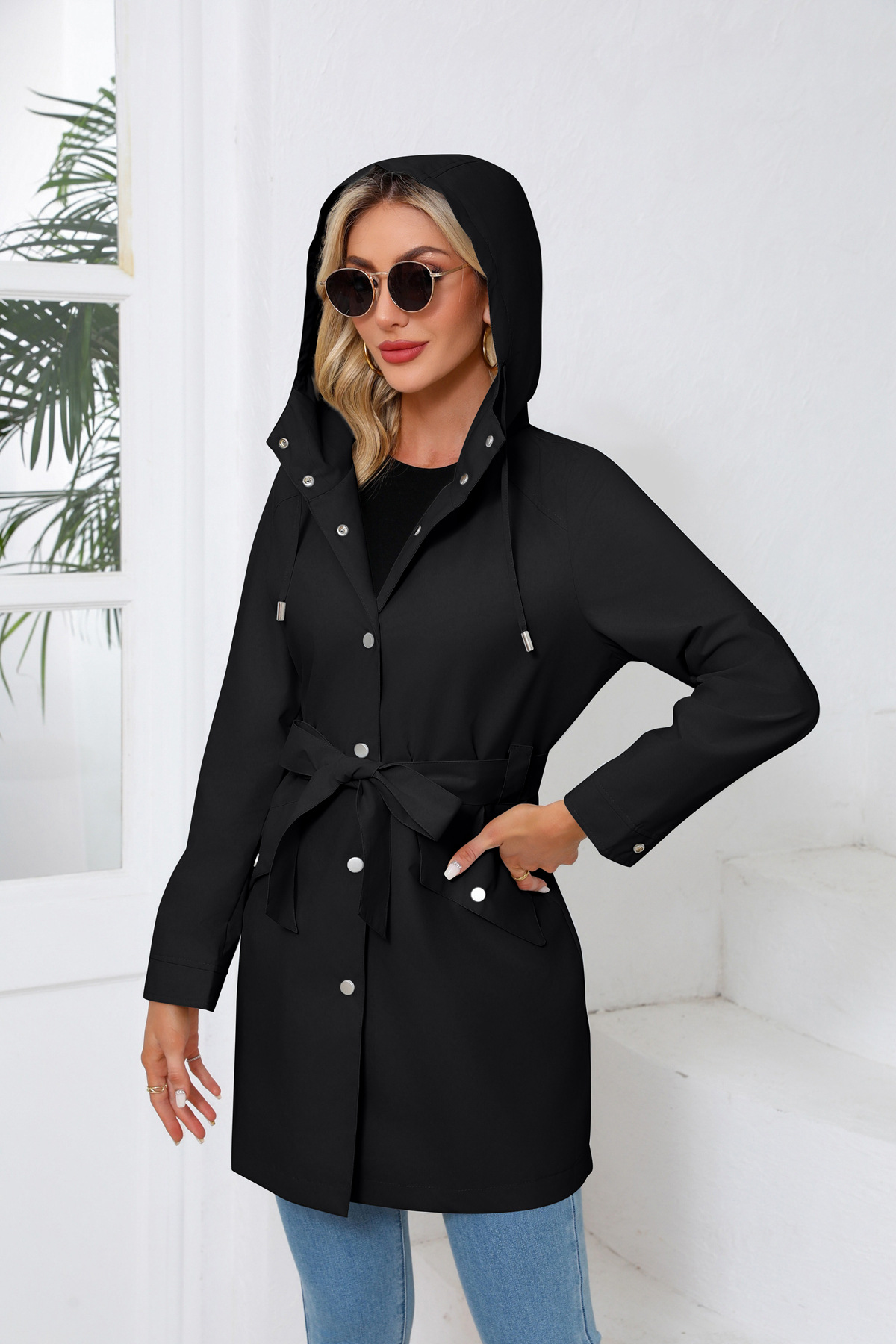 Women's Clothing Spring and Autumn Hooded Water Repellent Jacket with Belt Thin Casual Loose Windbreaker _voghion.com