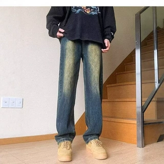 春秋季新款高街百搭休闲水洗牛仔裤男款美式复古潮牌直筒宽松长裤