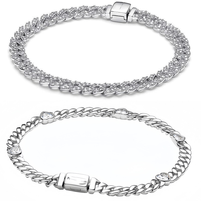 Pan's Pure Silver S925 Micro-Inlaid Cuban-Style Personalized Woven DIY Charm Bracelet with Unique Beads and Versatile Design