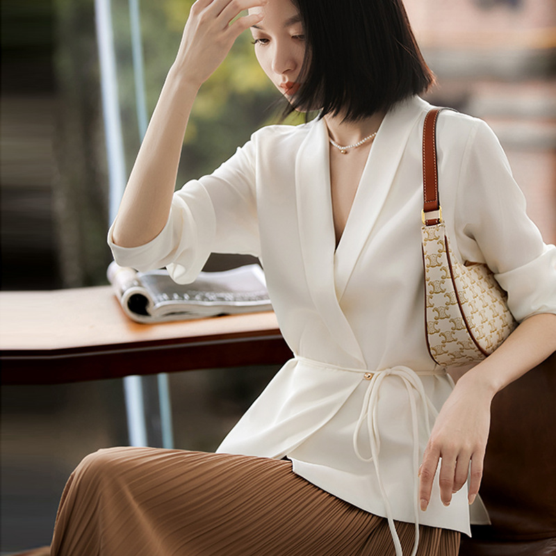 Áo sơ mi blazer satin Pháp dáng rộng tay dài đa năng — đen chi tiết 1