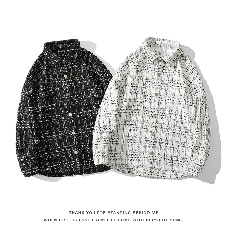 Bjhg Reckless Tweed Jacket Men's Autum High-End Thick Woolen Jacket Trendy Loose Plaid Shirt Women