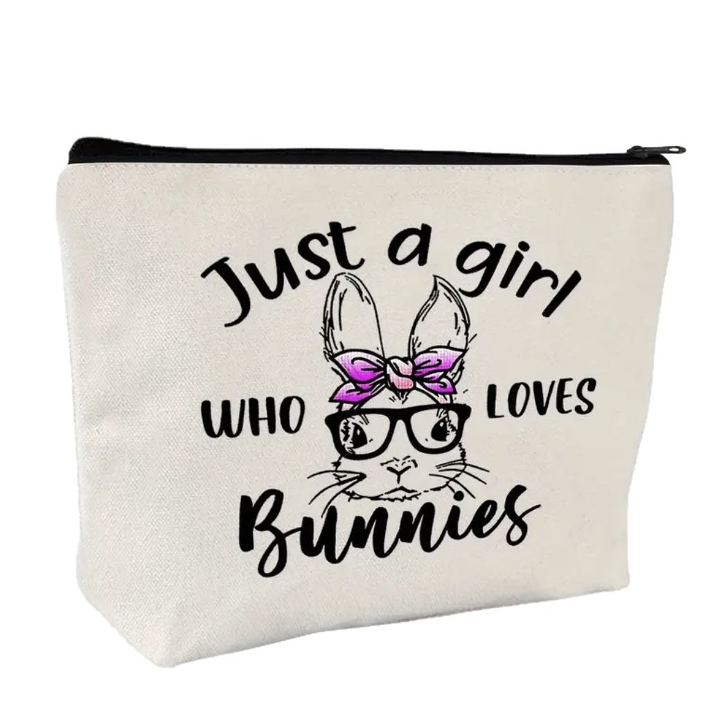 Transfronterizo Amazon temu bolsa de cosméticos de conejo impresión de doble cara en inglés de dibujos animados bolsa de lavado de viaje algodón y lino de gran capacidad
