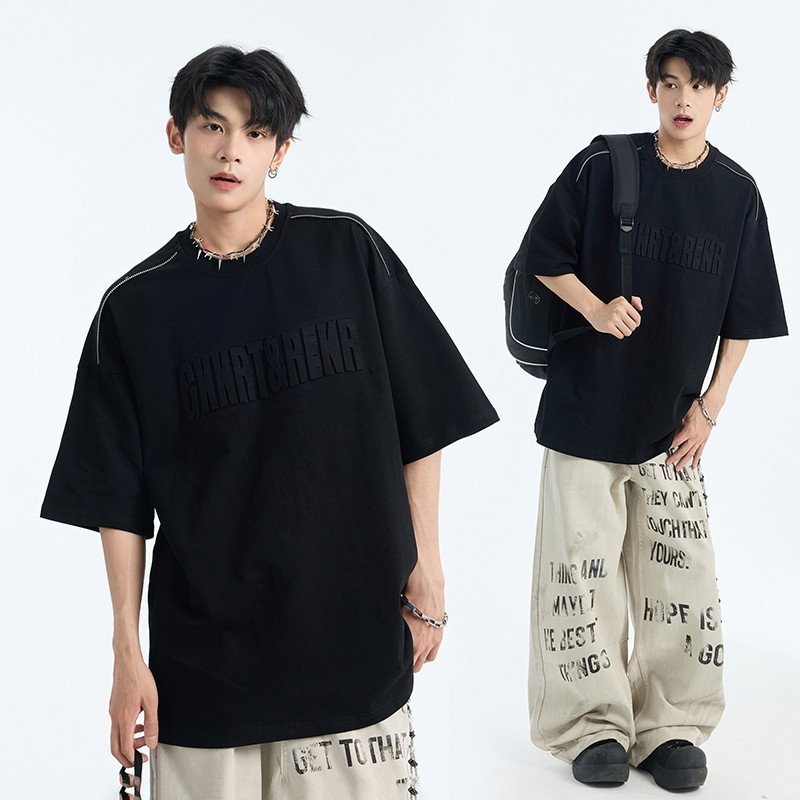 サマースチールスタンプ半袖Tシャツメンズトレンドブランドハイストリートアメリカンヘビーウェイト320g五分袖トップストレンドで万能|undefined