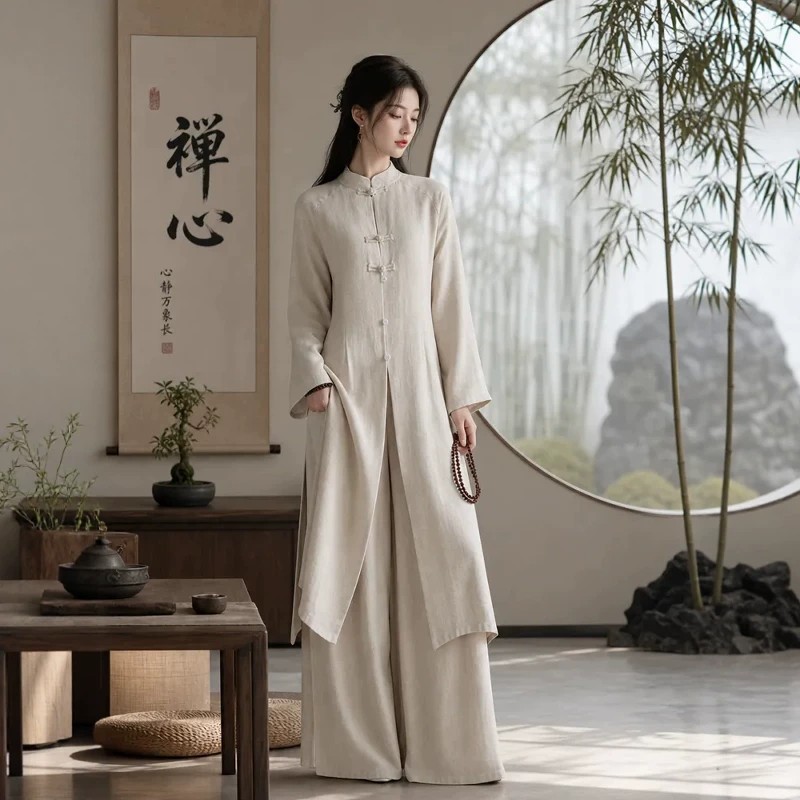 棉麻茶服禅意佛系女装新中式茶艺师工作服改良疗愈师打坐冥想套装