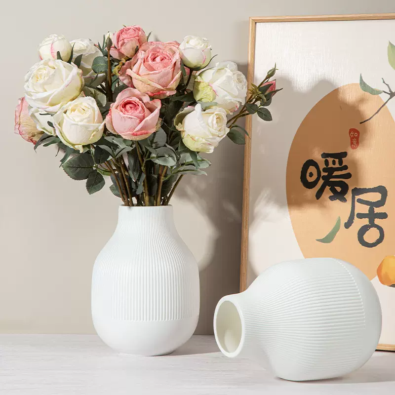 简约塑料花瓶哑光大肚花插桌面陶瓷摆件 装饰品仿陶瓷鲜花瓶蓄水