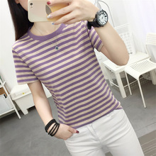 胖mm大码宽松纯棉短袖T恤女装中年妈妈夏装条纹体恤衫半袖上衣服