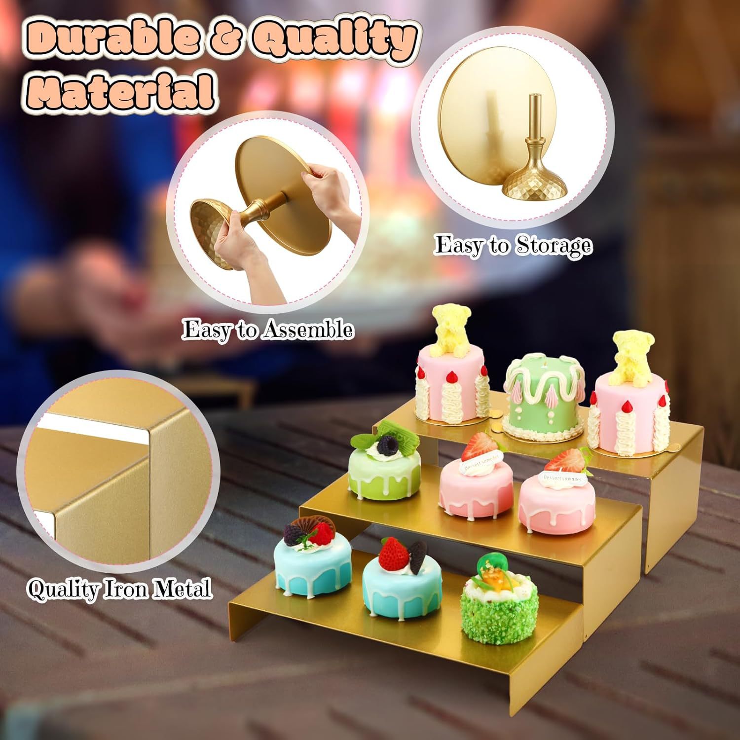Estante de pastel dorado, tabla de postre de metal mostrando conjunto de estantes de cupcake en capas, bandeja de frutas de caramelo decorativa image 5