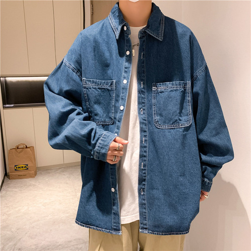 Men's Solid Color Long Sleeve Shirt, Autumn Korean Style Trendy Minimalist Collar Shirt, Hong Kong Style Loose Stylish Instagram Jacket