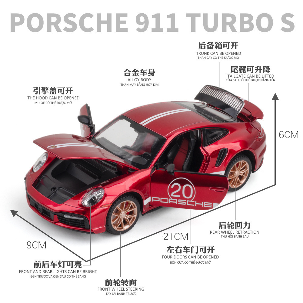 Jianyuan modelo de coche de aleación 1:24 Porsche 911 TurboS coche deportivo tire hacia atrás con sonido y luz adornos de coche de juguete
