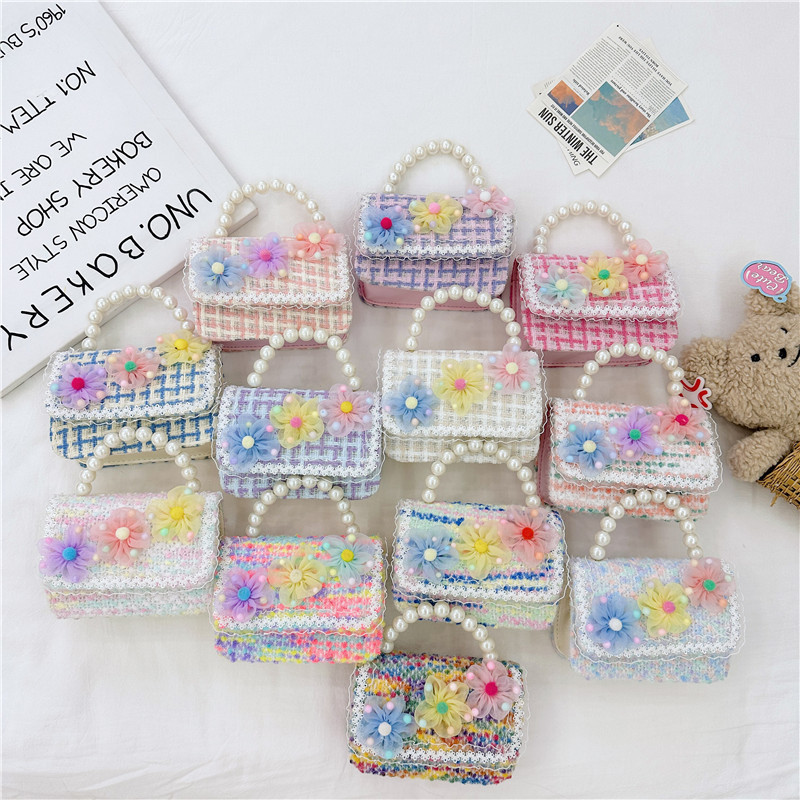 Bolso de La Perla de los niños bolsa 2023 nuevo algodón y lino pequeño bolso cuadrado de moda lindo flor niñas bolsa de mensajero decorativa