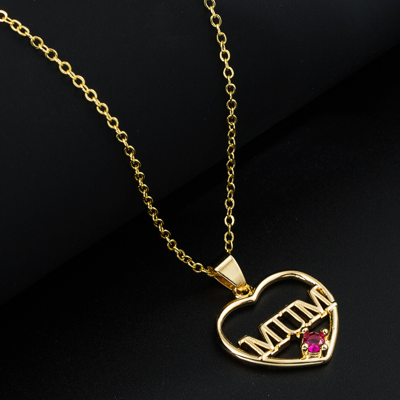 Simple Heart-shaped Letter Mom Pendant Copper Gold-plated Inlaid Zircon Necklace display picture 6