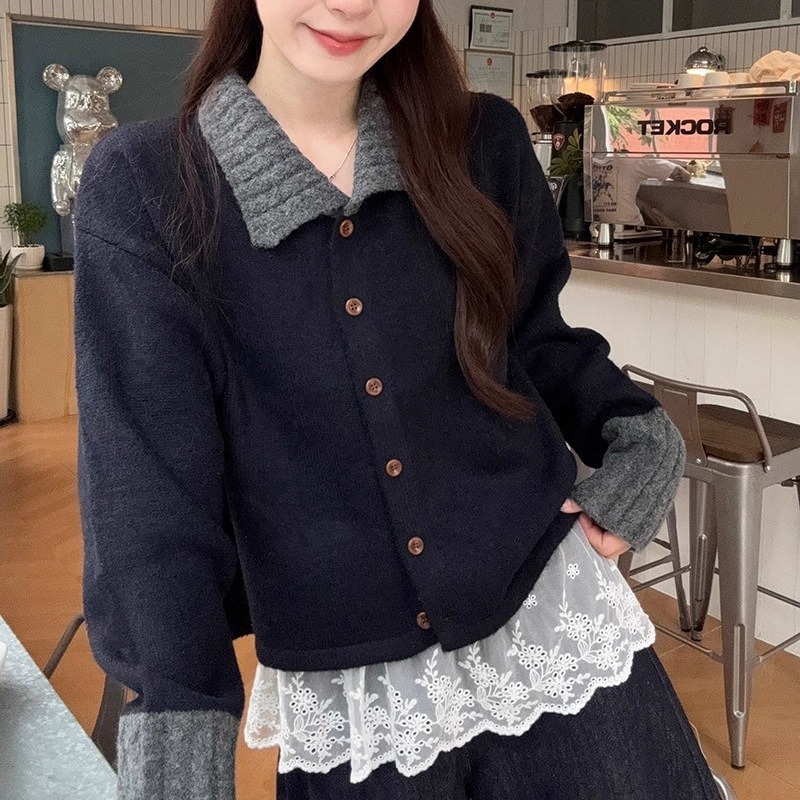 韩版宽松条纹POLO领长袖针织开衫女秋新款百搭休闲小个子毛衣外套|undefined