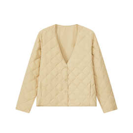 定制轻薄白鸭菱格纹V领内胆羽绒服短款冬季休闲保暖通勤外套