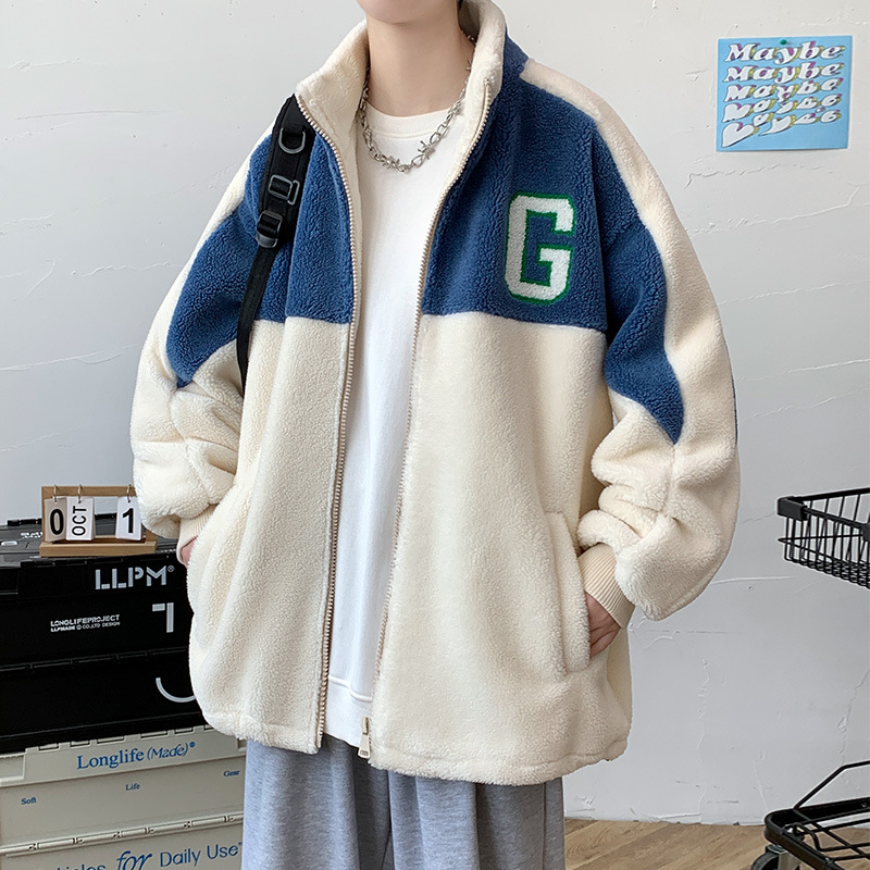 Invierno forrado de lana engrosada abrigo de algodón acolchado de lana de Cachemira contraste color soporte collar abrigo de los hombres de moda