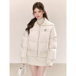 韩系纯色针织拼接短款棉服女冬季时尚氛围感百搭减龄小众棉衣外套