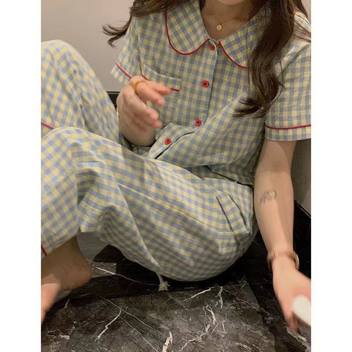 新款ins睡衣女夏日系简约懒惰风网红短袖长裤开衫春秋家居服套装