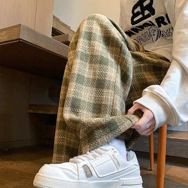 Men's Trendy Autumn and Winter Flannel Plaid Pants American Retro Vintage Casual Pants Loose Woolen Wide-Leg Pants Men's Trendy Autumn and Winter Flannel Plaid Pants American Retro Vintage Casual Pants Loose Woolen Wide-Leg Pants