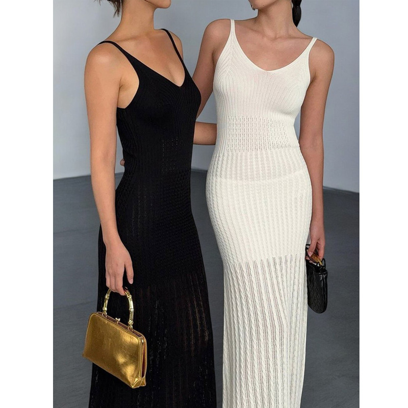 Cross-Border New Product French Knitted Suspender Dress Women's Summer Slimming Long Skirt Temperament Women's Skirt Ready for Sale