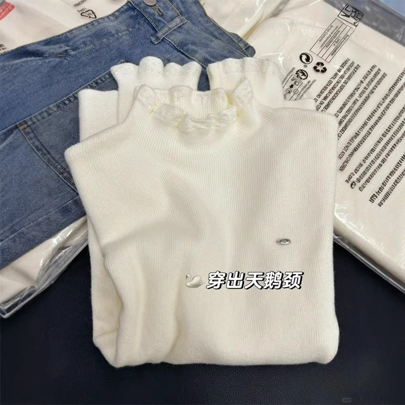 Beautiful Half-High Collar Lace Knit Sweater for Women, Stylish Autumn and Winter Layered Vest with Ruffled Edges, Soft Sweater Set Beautiful Half-High Collar Lace Knit Sweater for Women, Stylish Autumn and Winter Layered Vest with Ruffled Edges, Soft Sweater Set