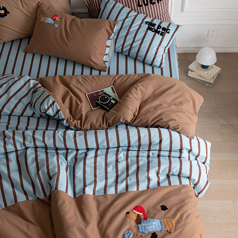 Cartoon Striped Plaid Brushed Cotton Four Piece Bedding Set_voghion.com