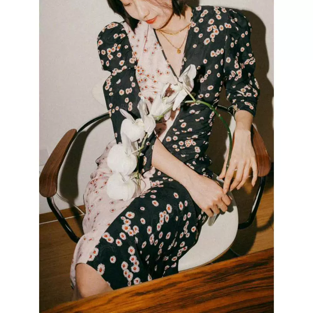 清仓不退不换 四媛小雏菊碎花撞色拼接v领文艺复古长袖连衣裙3979