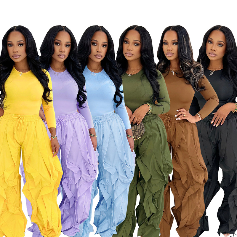 Tw814 Amazon Cross-Border European and American Women's Slim-Fitting Tops Wide-Leg Splicing Lace Pants Personalized Commuter Autumn and Winter Suits