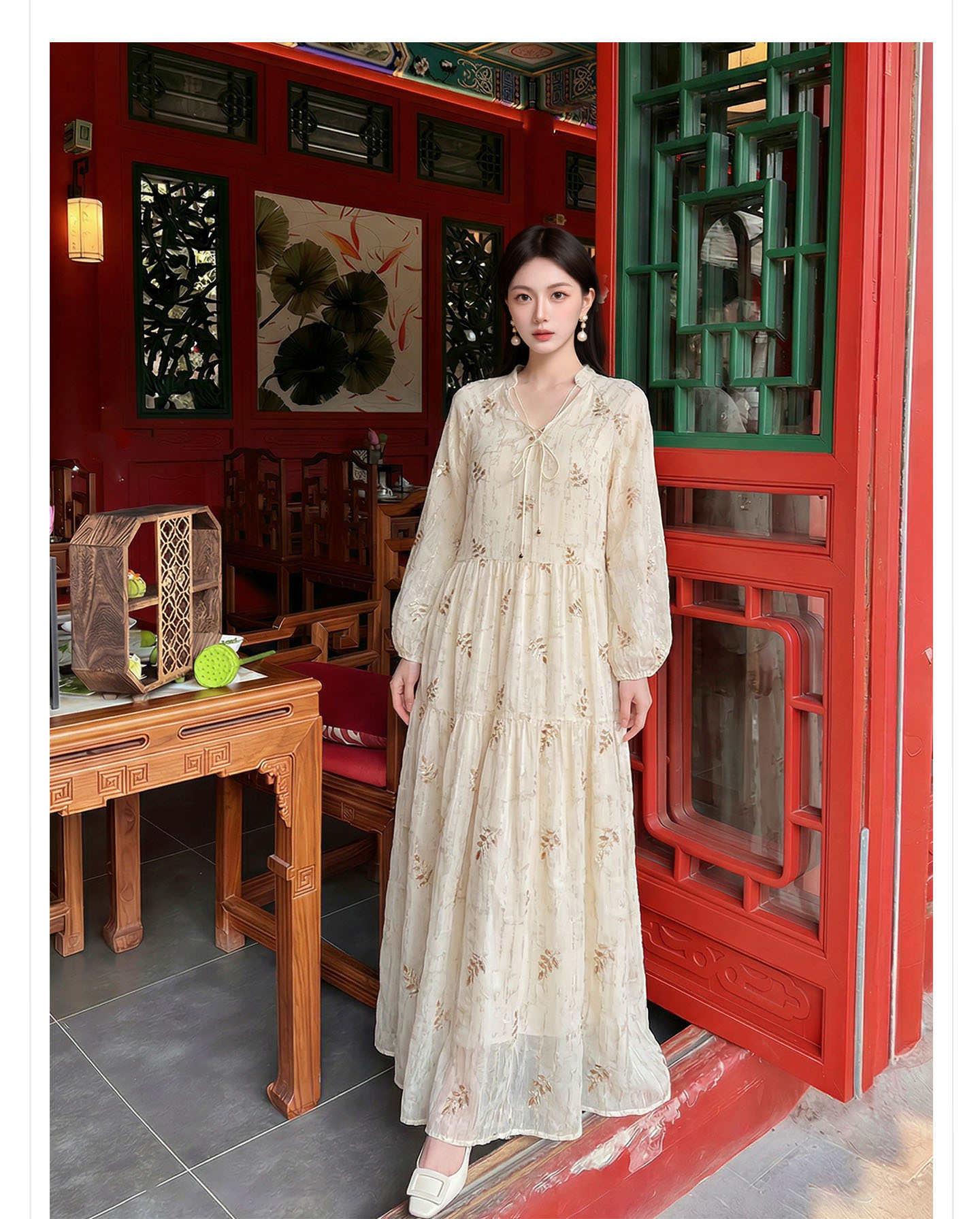 Đầm maxi nữ tay dài thiết kế eo thon phong cách tiểu thư sang trọng — màu mơ chi tiết 10