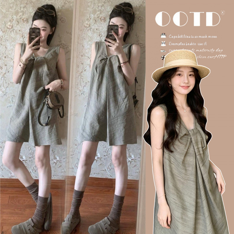 Maternity Wear 2026 Summer New Retro Knotted V-Neck Loose Plus-Size Maternity Dress Slimming Maternity Skirt Maternity Wear 2026 Summer New Retro Knotted V-Neck Loose Plus-Size Maternity Dress Slimming Maternity Skirt