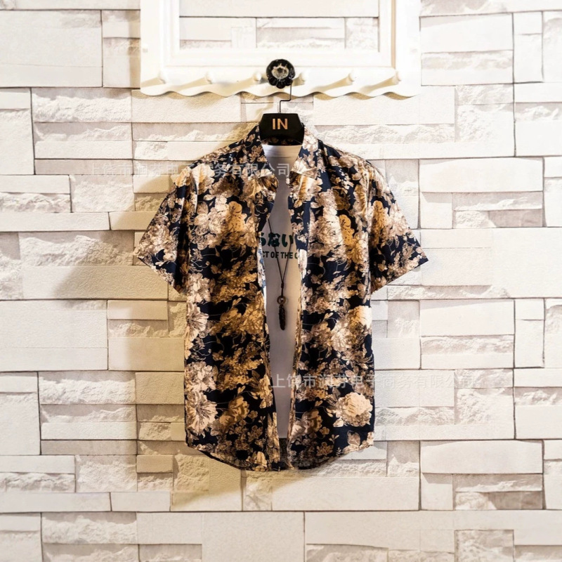 Cross-Border Trendy Vacation-Style Outfit: Fashionable Men's Loose Short-Sleeve Floral Shirt with All-Over Rose Print Design