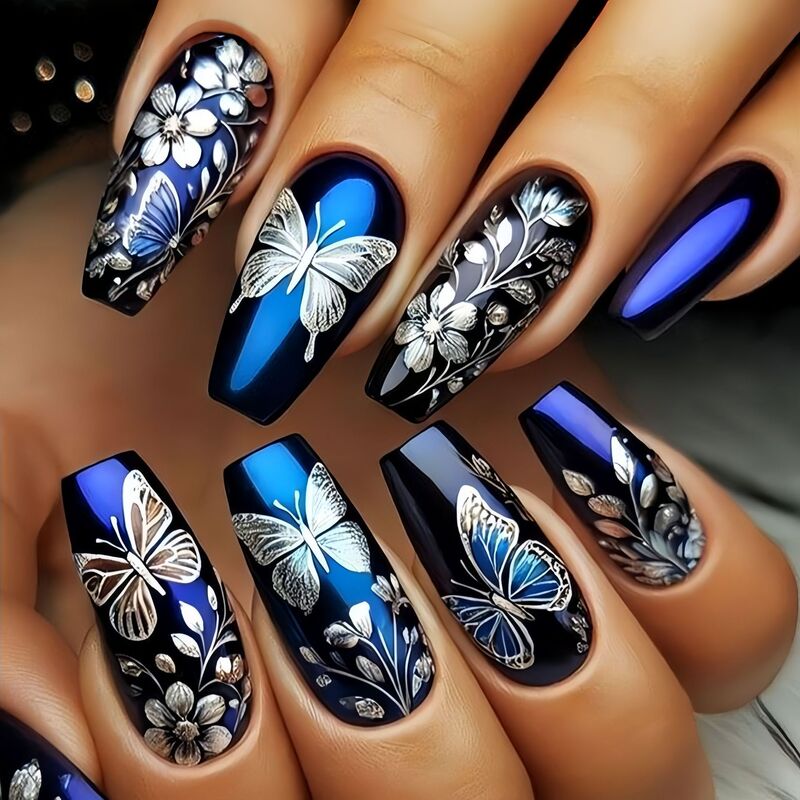 Blue Butterfly Long Ballet Nails European and American Fashion Hot-Selling Fake Nails Wholesale Ins Style Wearable Nails Removable