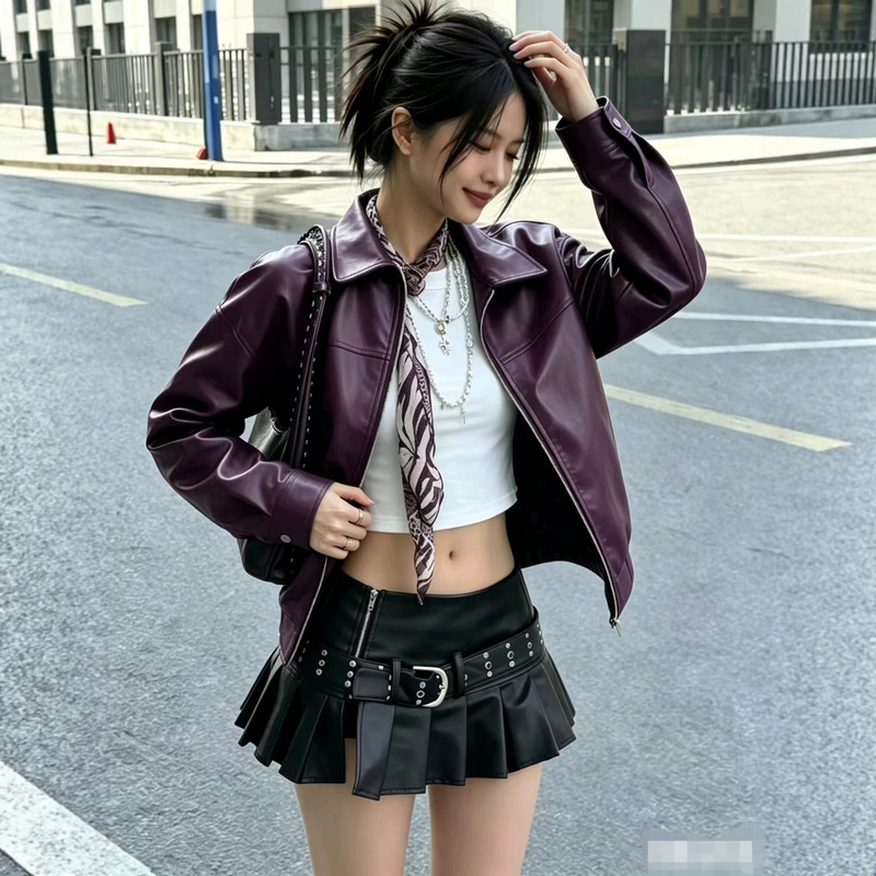 2026 Spring and Autumn Brown Motorcycle Leather Jacket for Women, Loose Fit Pilot Jacket, Vintage Distressed Street Style Slimming Coat